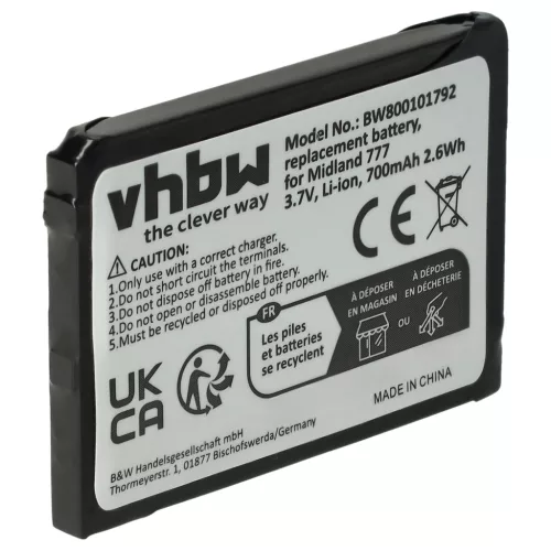 Midland 777, PMR446 készülékekhez rádió akkumulátor (Li-Ion, 700mAh / 2.59Wh, 3.7V) - Utángyártott
