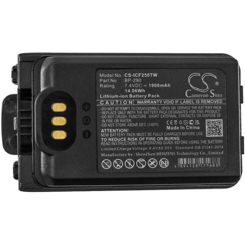 Icom BP-290 helyettesítő rádió akkumulátor (Li-Ion, 1900mAh / 14.06Wh, 7.4V) - Utángyártott