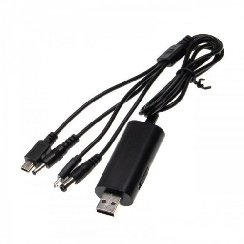 Átalakító kábel (USB (Apa), 5.5 mm DC (Apa) / Mini USB (Apa) / Micro USB (Apa) / 1.35 mm DC (Apa), 120cm, Fekete, 5/9/12V) - Utángyártott