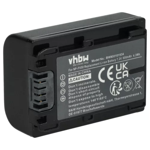 Sony NP-FV30, NP-FV40, NP-FV50 helyettesítő akkumulátor (Li-Ion, 7.2V, 600mAh / 4.32Wh) - Utángyártott