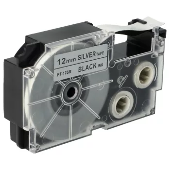   Casio XR-12SR, XR-12SR1 helyettesítő címkeszalag (Ezüst alapon Fekete) - Utángyártott
