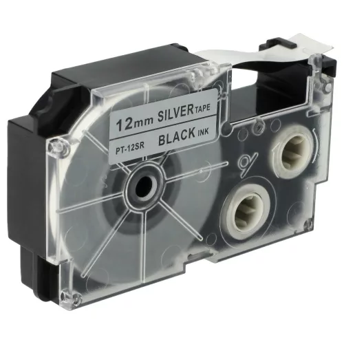 Casio XR-12SR, XR-12SR1 helyettesítő címkeszalag (Ezüst alapon Fekete) - Utángyártott