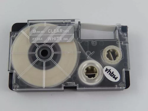 Casio XR-9AX, XR-9AX1 helyettesítő címkeszalag (Átlátszó alapon Fehér) - Utángyártott