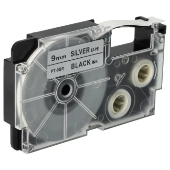   Casio XR-9SR, XR-9SR1 helyettesítő címkeszalag (Ezüst alapon Fekete) - Utángyártott