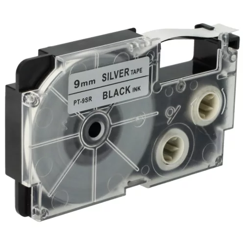 Casio XR-9SR, XR-9SR1 helyettesítő címkeszalag (Ezüst alapon Fekete) - Utángyártott