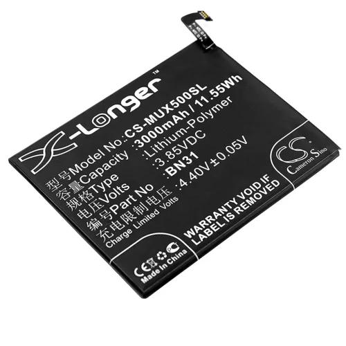 Xiaomi BN31 helyettesítő mobiltelefon akkumulátor (Li-Polymer, 3.85V, 3000mAh / 11.55Wh) - Utángyártott