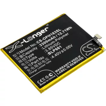   OPPO BLP661 helyettesítő mobiltelefon akkumulátor (Li-Polymer, 3.85V, 3300mAh / 12.71Wh) - Utángyártott