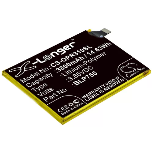 OPPO BLP755 helyettesítő mobiltelefon akkumulátor (Li-Polymer, 3.85V, 3800mAh / 14.63Wh) - Utángyártott