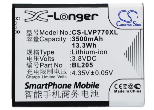 Lenovo BL205 helyettesítő mobiltelefon akkumulátor (Li-ion, 3.8V, 3500mAh / 13.3Wh) - Utángyártott